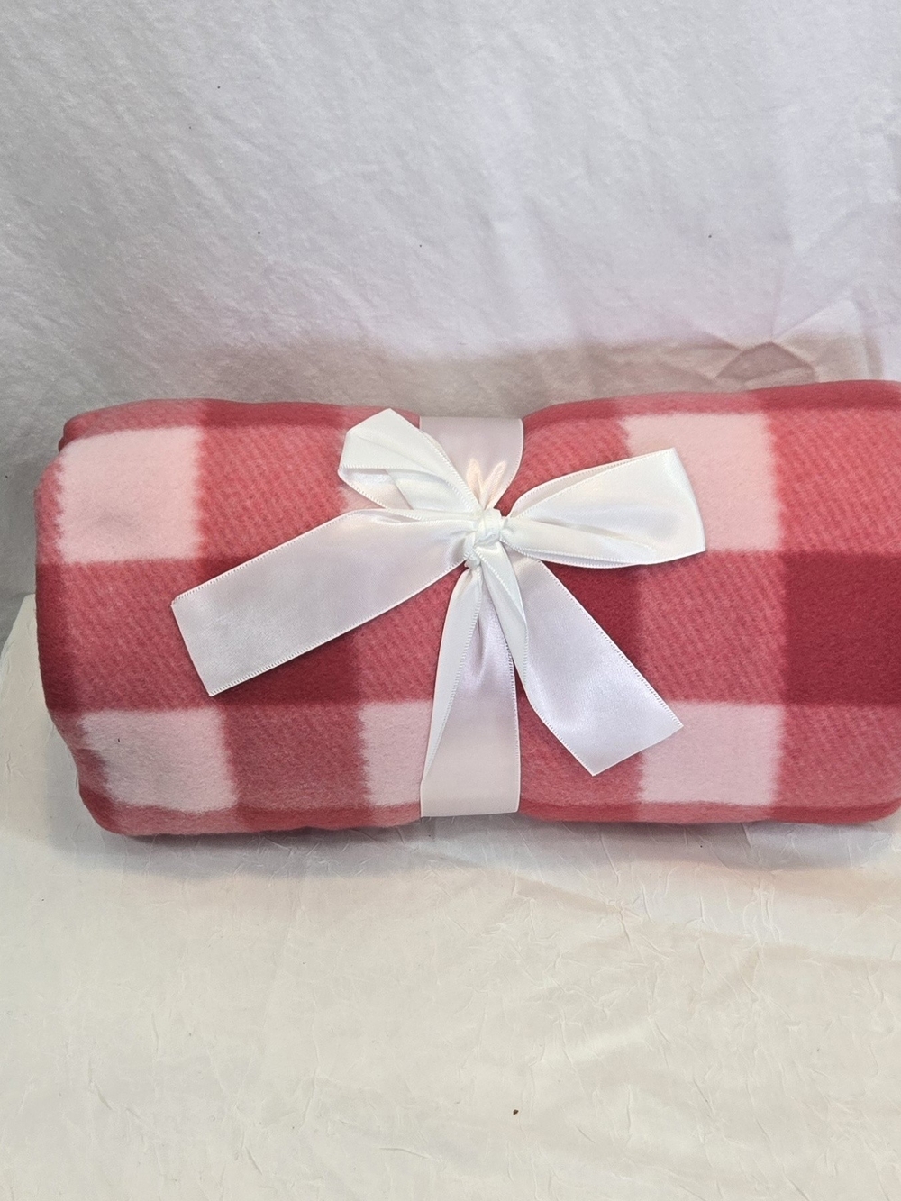 Pink Plaid Fleece Throw Blanket with Ribbon
